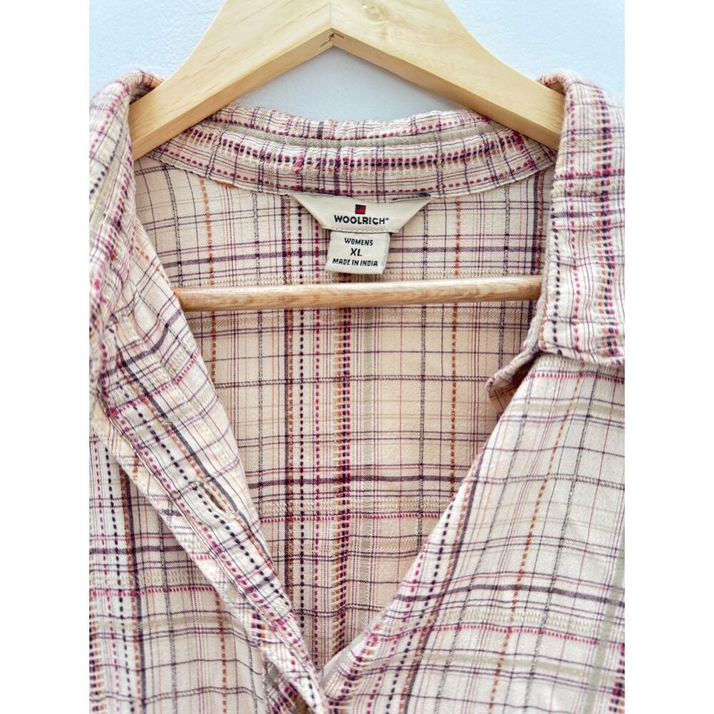 Woolrich Women XL Cotton Plaid Button Up Shirt Cream Pink Grid Textured LTO - Picture 2 of 5